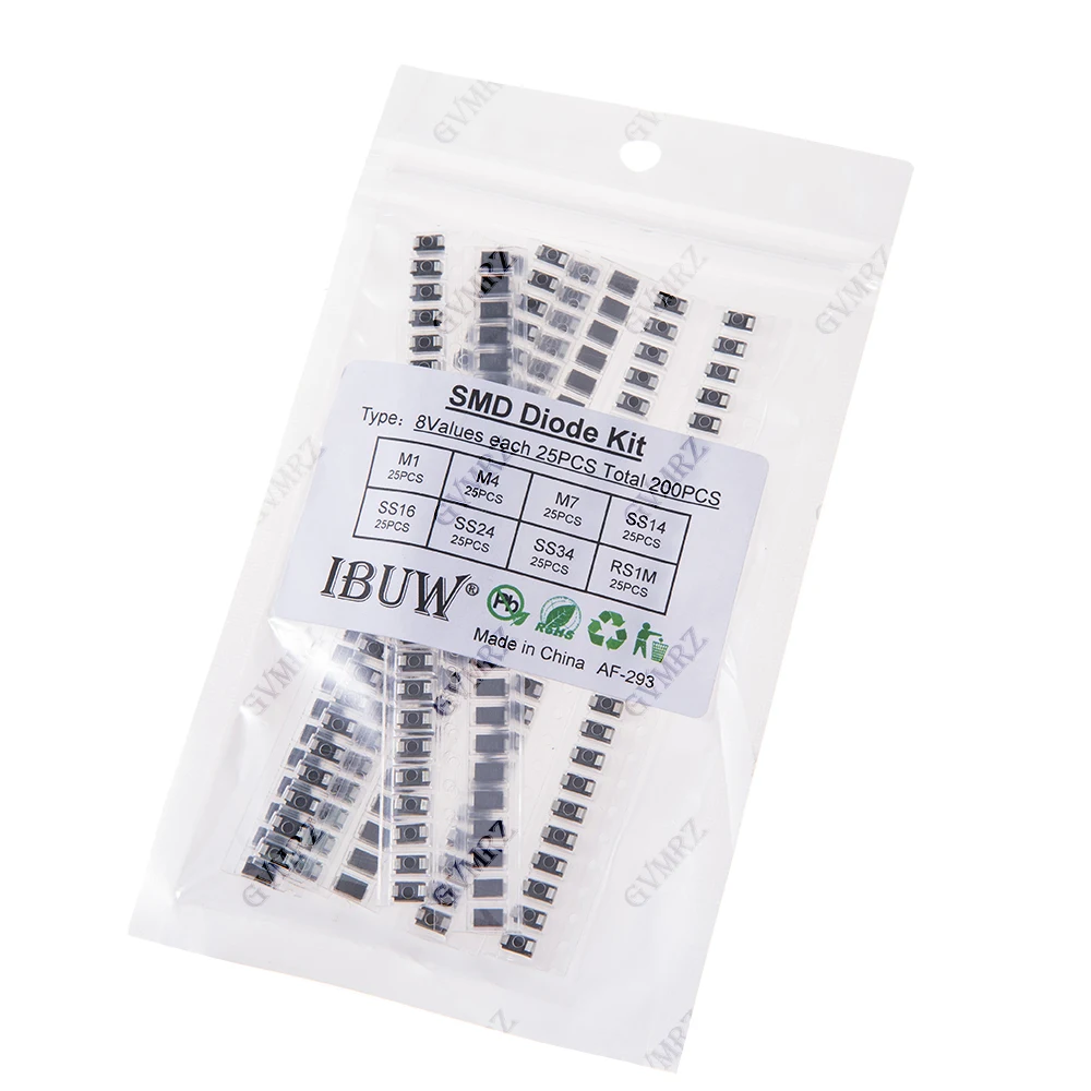 200PCS 8Values SMD Diode Kit M1 M4 M7 SS14  for Electronic Rectification Projects SS16 SS24 SS34 RS1M