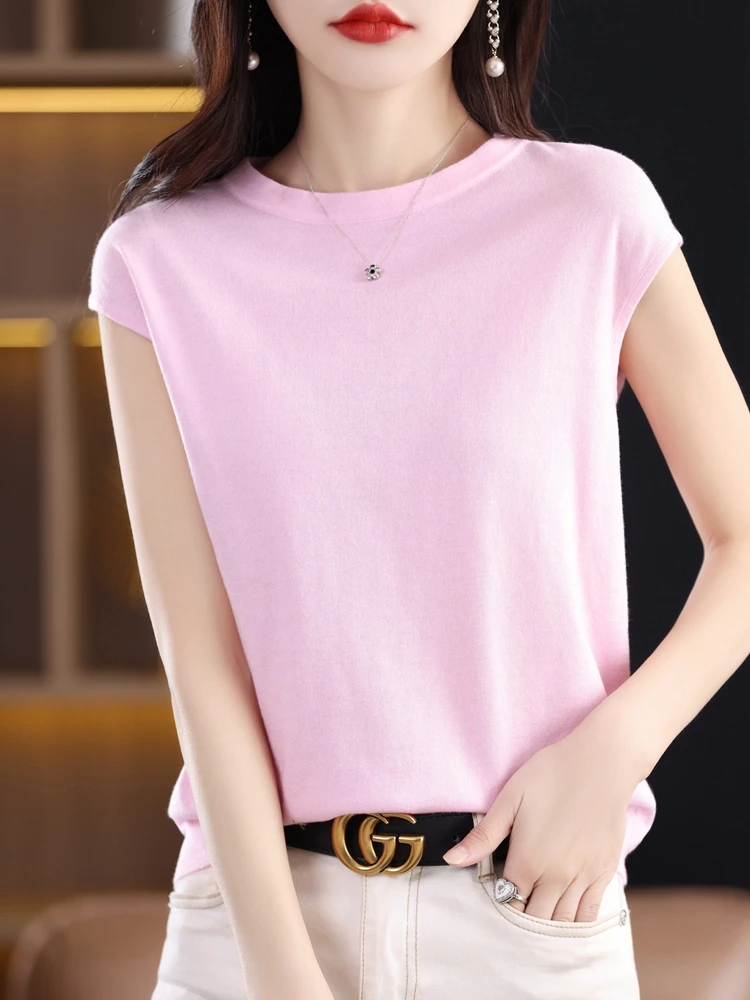 Summer Knitted Tee Tank Tops Women O-Neck Thin Smooth Sleeveless T-shirt 10% Wool Blend Simple Basic CN Size Y2k Tshirts Za 2024