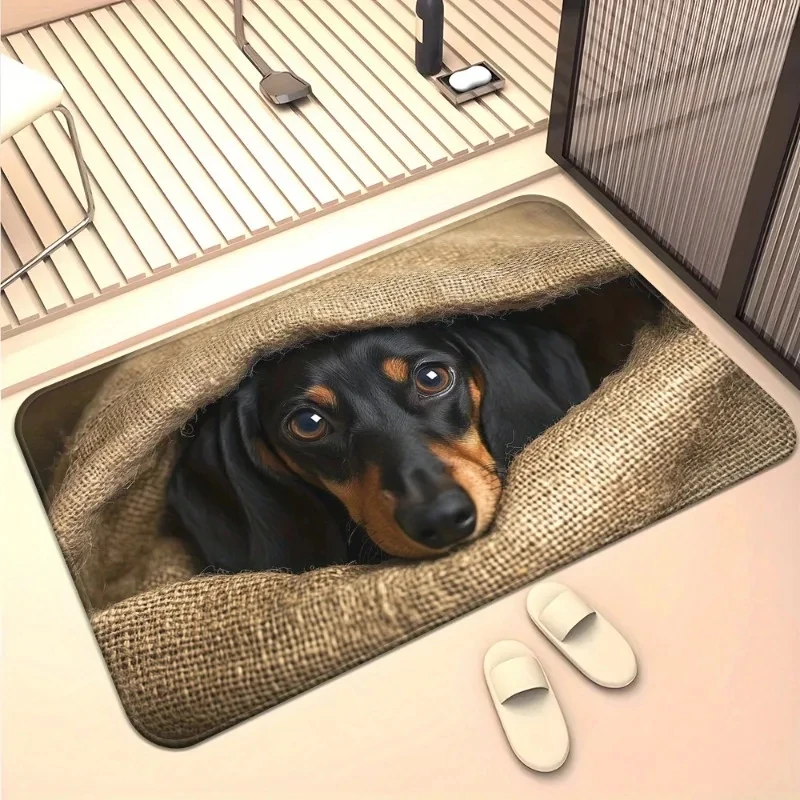 Lovely Dachshund Entrance Doormat  Adorable Puppy Resting in Straw Shoe Graphic Rug Warm Pet Themed Decor Mat for Household