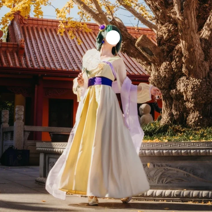 

Maomao Cosplay Yellow Square Collar Hanfu Costume Sheer Pink Wide Sleeves Purple Waist Sash Anime Apothecary Diaries for Party