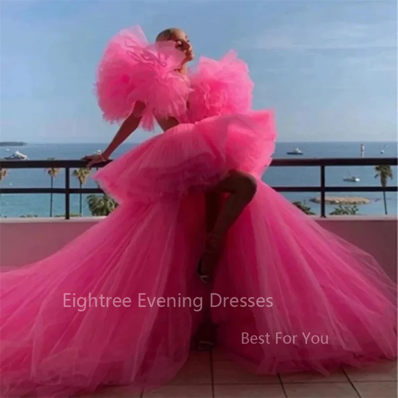 Eightree Fashion Hot Pink High Low Tulle Prom Gowns Lush Tulle Sleeves Sexy Long Tulle Women Dresses To Red Carpet Tulle Robe