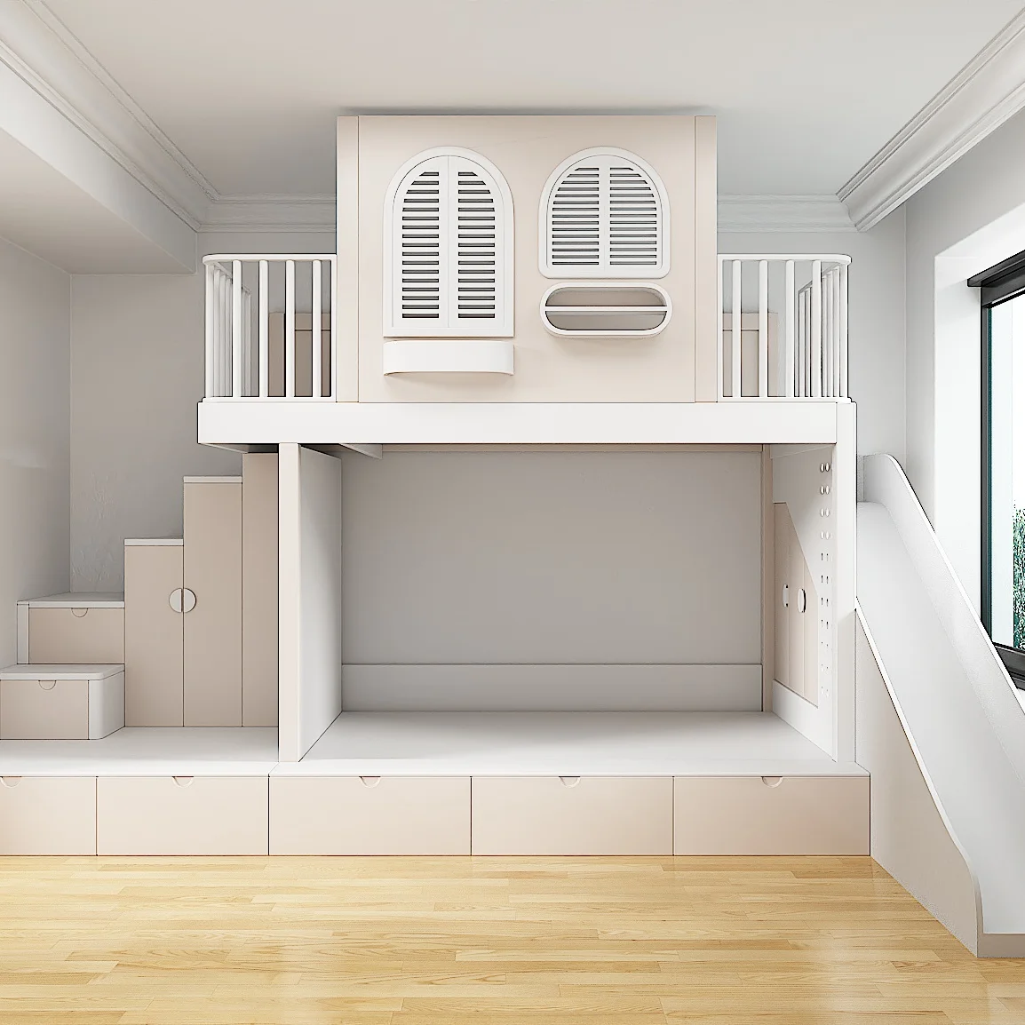 

Современный дизайн, кровать-чердак с высоким и низким спальным местом, угловой шкаф-лестница, детский деревянный гарнитур с горкой, сделано в Чунцине