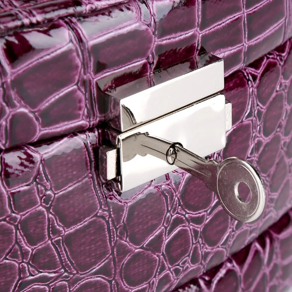 Stylish PU Leather Jewelry Box Three-layer Purple Jewellery Organizer Portable Accessory Container Ornament Collection