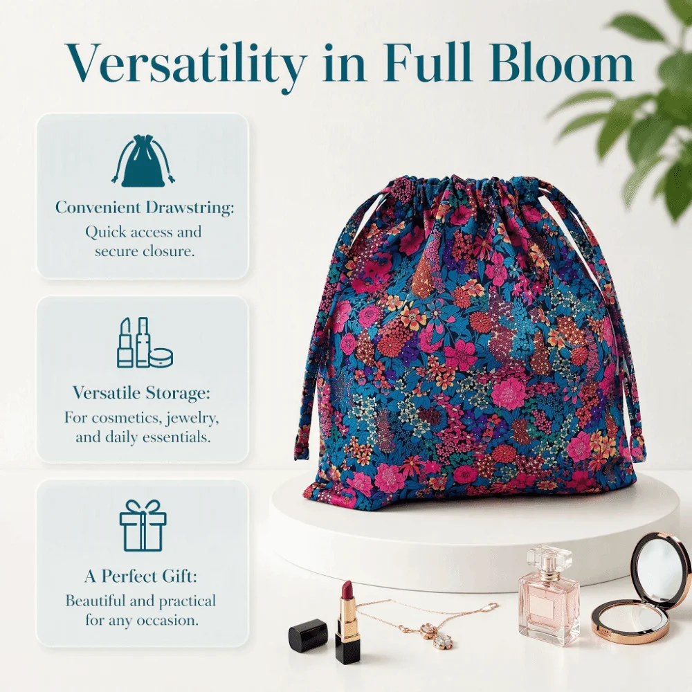 Floral Print Drawstring Storage Bag Portable Bohemian Drawstring Bundle Pouch Handbag Hanging Floral Drawstring Bag