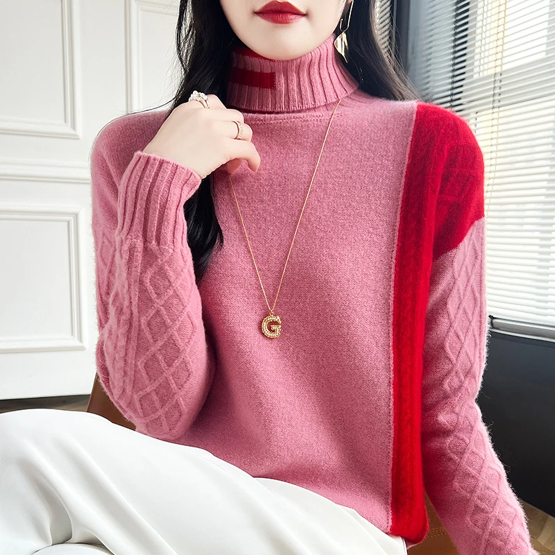 

New 100% Merino cardigan women's turtleneck thick base short knit pullover color matching fashion sweater