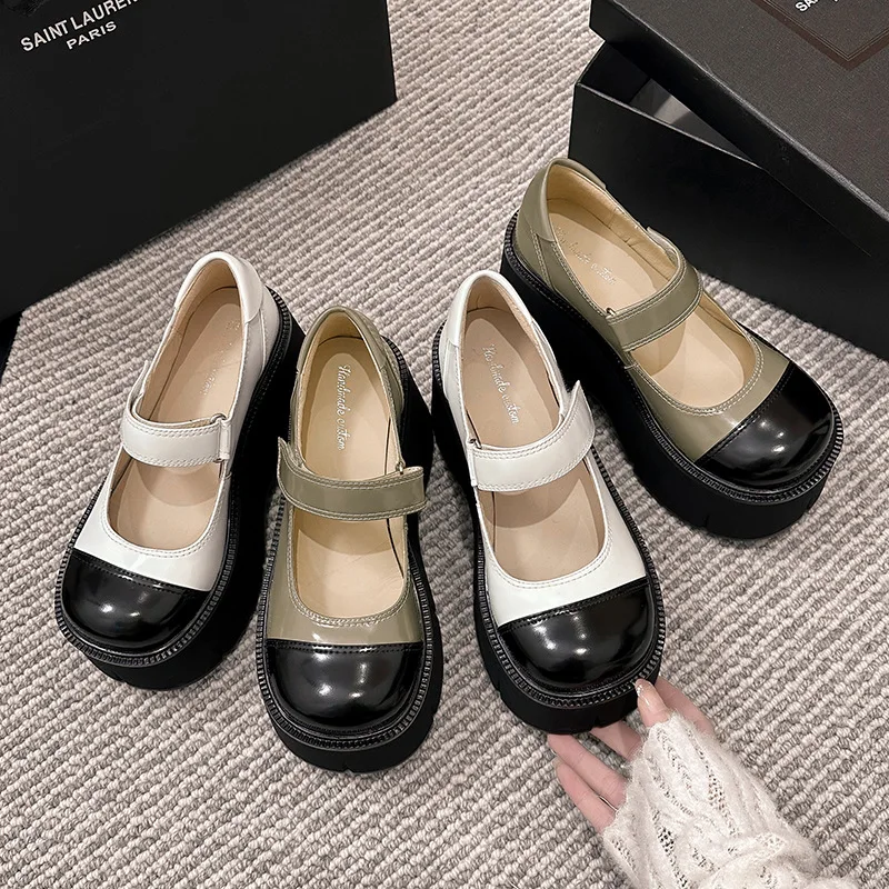 2025 primavera colores mezclados plataforma de piel de vaca zapatos Mary jane punta redonda cuñas con cordones bombas de gran tamaño