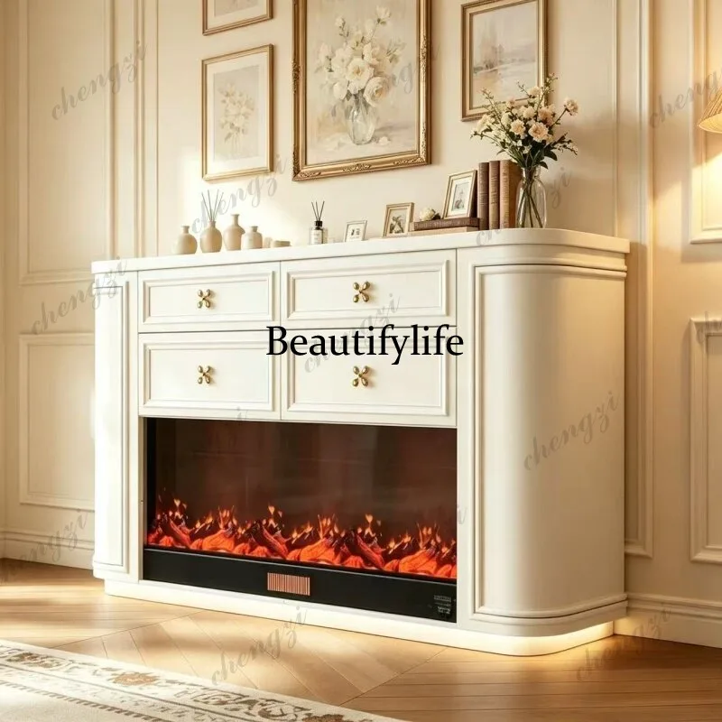 French Cream Style All Solid Wood Storage Fireplace Decorative Cabinet American Living Room Home Fireplace Entrance Cabinet