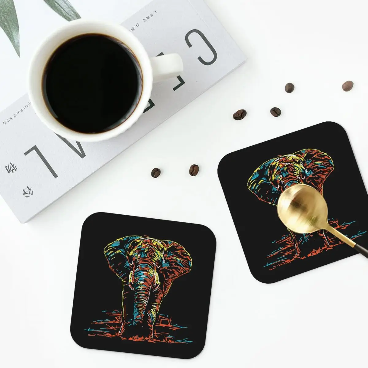 Colourful Abstract Elephant Neon Illustration Coasters PVC Leather Placemats Non-slip Coffee Mats for Home Dining Pads Set of 6