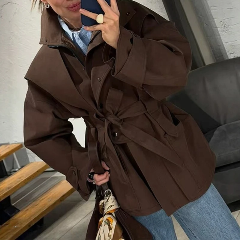 2026 Simple Wind Solid Color Lace-up Single-row Iron Buckle Medium and Long Trench Coat Women's Cross