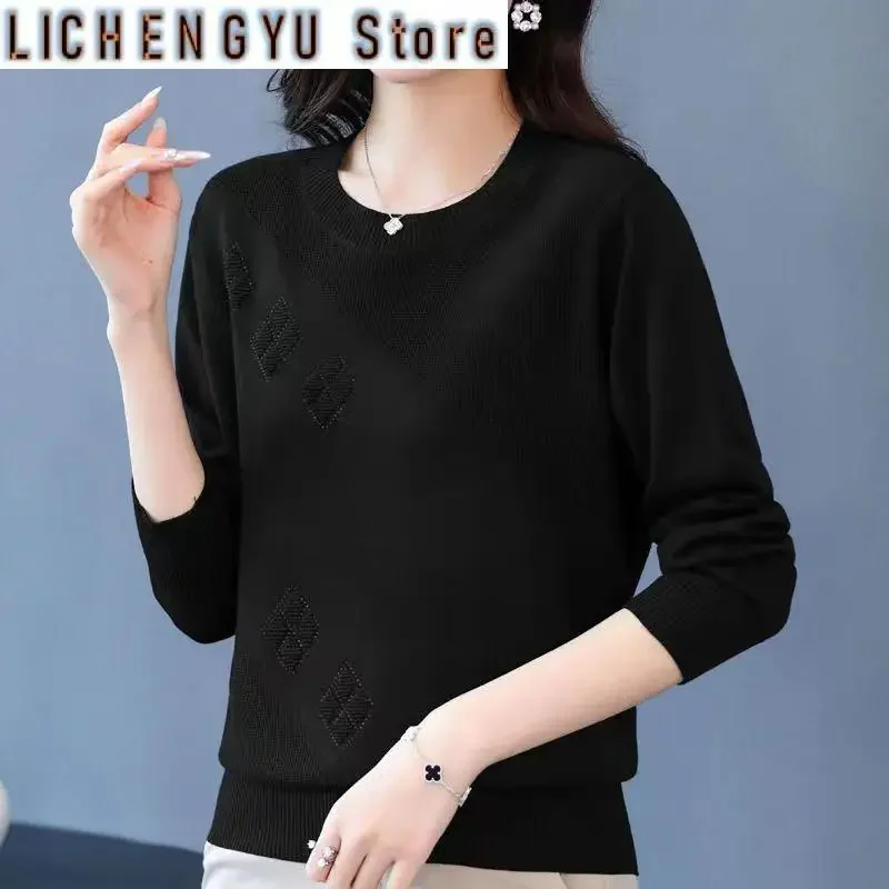 

Autumn Winter Fashion Loose and Simple Diamond Embedding Solid Color Large Versatile Round Neck Middle Aged Mom's Sweater