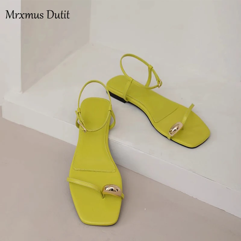 Mrxmus Dutit 2023 Summer Fashion New Women Genuine Leather Fine Ribbon Square Head Flats Simple Sandals Casual Shoes Female Chic