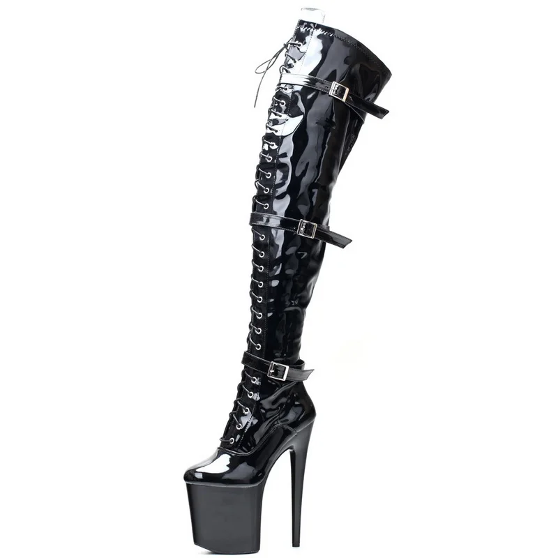 Women Platforms Thigh High Boots,Sexy Exotic Pole Dancing Shoes,Man Buckle Fetish Botas,20CM/8 Inch,Black In Stock,Dropship