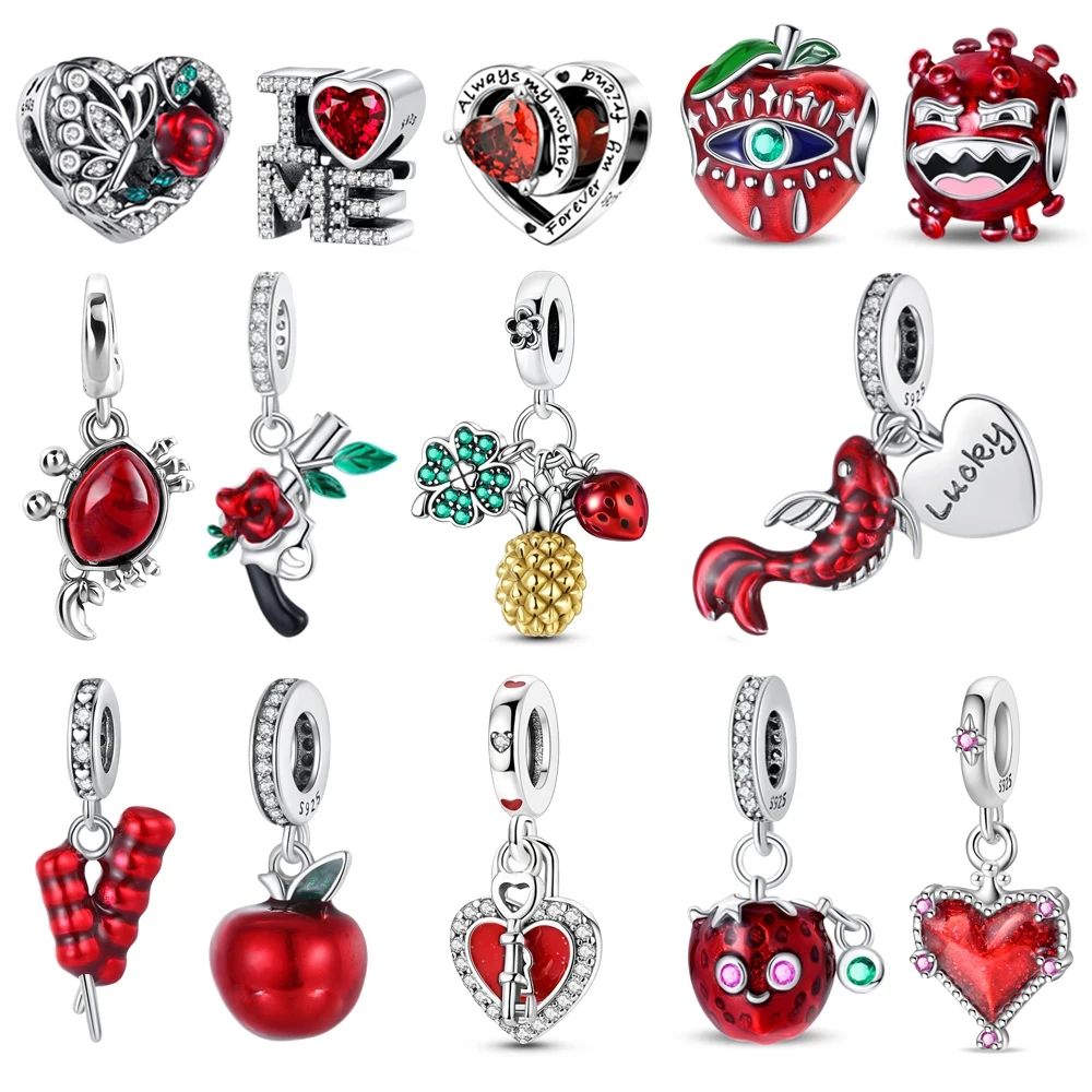 

Стерлингового серебра 925 пробы, бусины в форме розы, клубники и яблока, подвеска-подвеска, подходит для браслета-змеи, бутиковое ожерелье, красный кулон, подарки