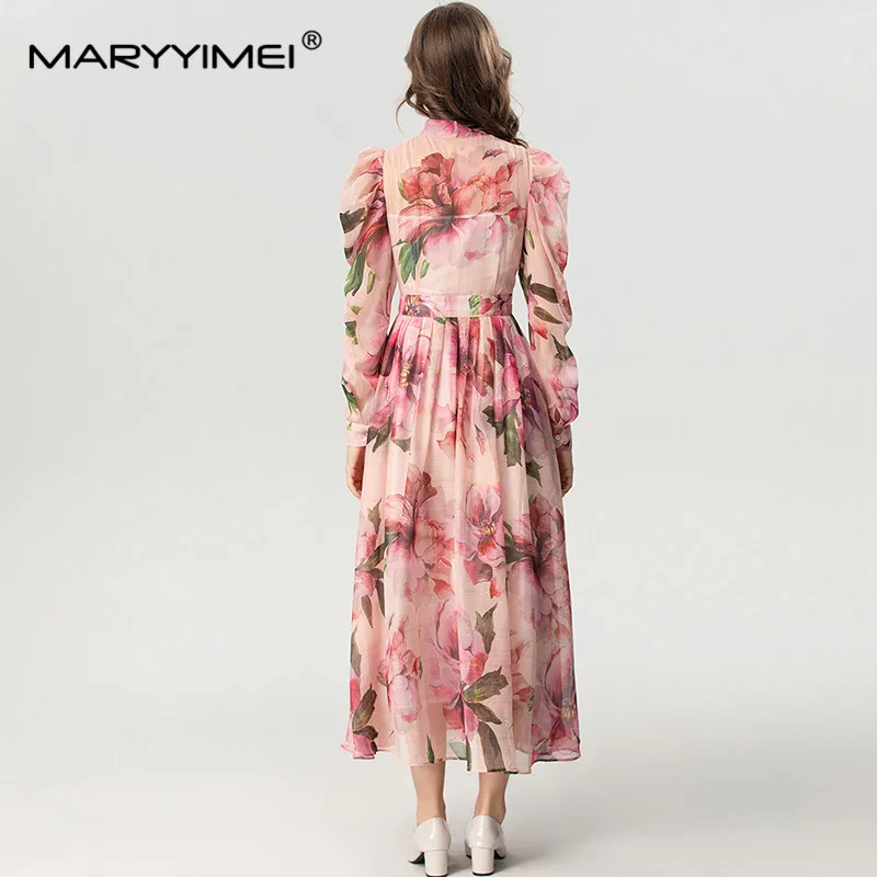 MARYYIMEI Autumn and Winter Women\'s Dress Long Sleeved Single-Breasted Pleated Splicing Print Bohemian Holiday Dresses