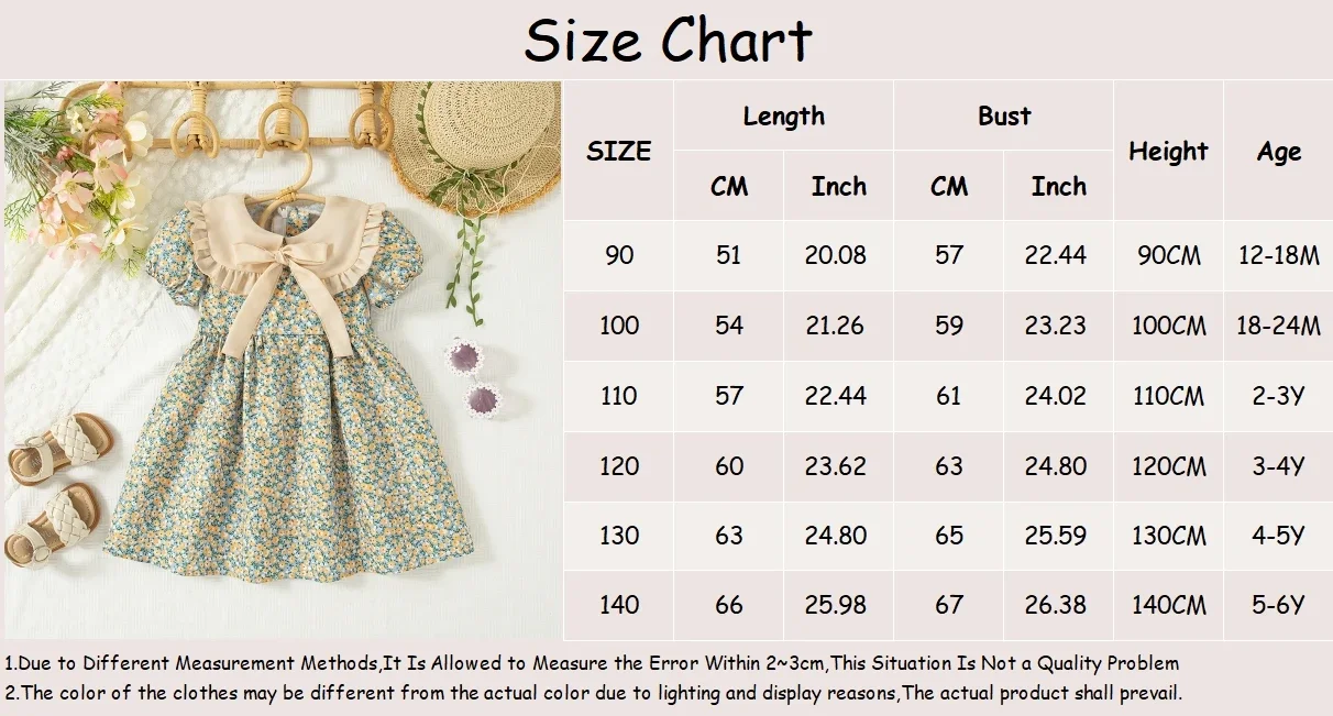 Mädchenkleid mit Blumenmuster und gekerbtem Kragen – Kurzärmeliges Prinzessinnenkleid für Kleinkinder, süßes Sommerparty-Outfit – Detail 1