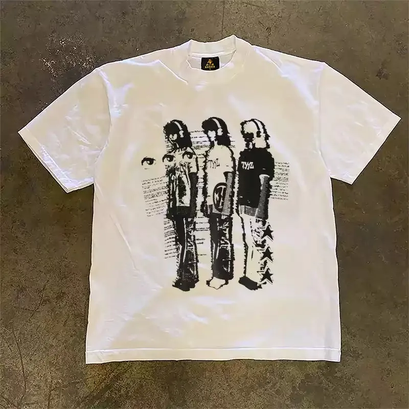 Men Women Y2K Aesthetic Grunge Distressed Portrait Graphic Tee Retro Subculture Worn‑out Character Illustration Unisex 100% Cotton Loose Short Sleeve Casual T‑Shirt.