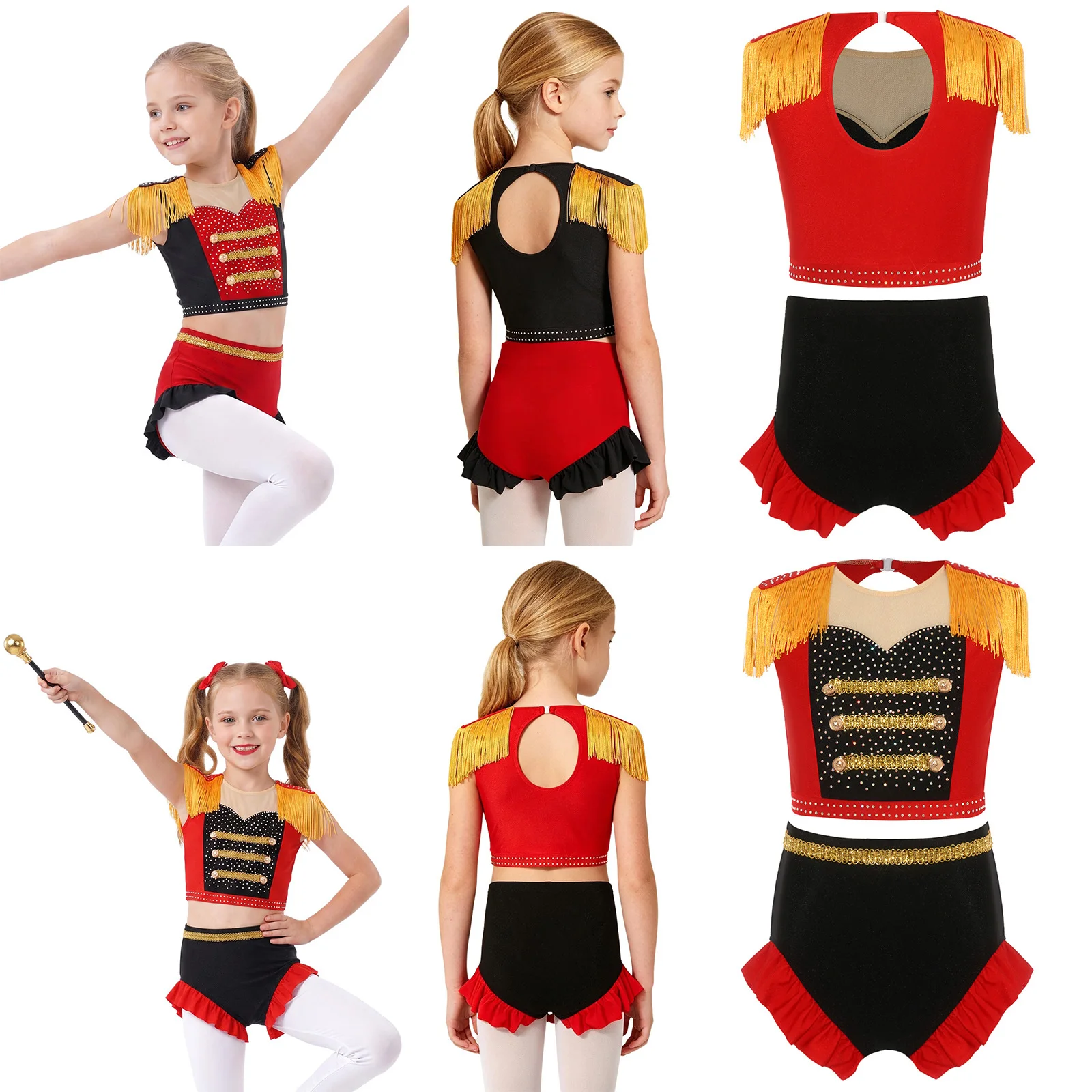 Girls Magician Circus Performance Costume Outfits Kids Ringmaster Tassel Epaulet Crop Top with Ruffled Shorts Showman 2Piece Set
