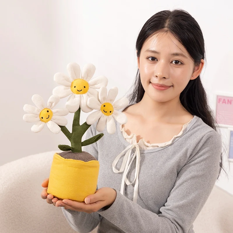 34cm White Daisy Soft Flower Potted Plant Bonsai Smiling Yellow Face Kawaii Plushie Peluche Home Decor Gift