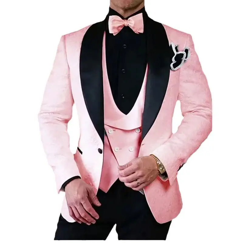 Fashion Jacquard Men Suits Shawl Lapel Business Wedding Tuxedos Slim Fit Blazer Vest Pants for Prom Party 3 Pieces Costume Homme