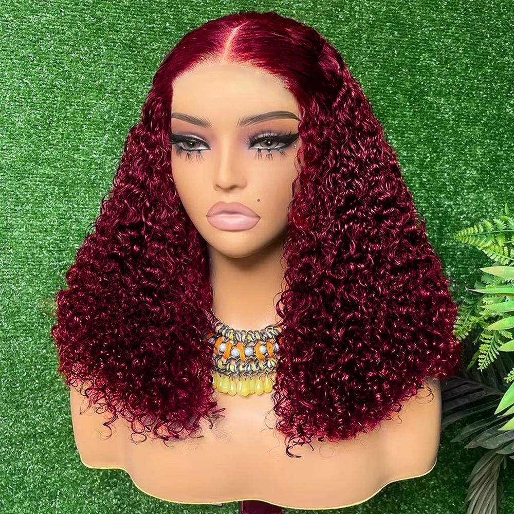 99j vermelho onda de água profunda 200% densidade borgonha curto bob 100% cabelo humano 13x4 peruca frontal do laço brasileiro remy fechamento encaracolado perucas