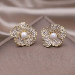 14k gold plated Korea New Fashion Jewelry Delicate Copper Set Zircon Flower Pearl Earrings Elegant Women's Party Accessories