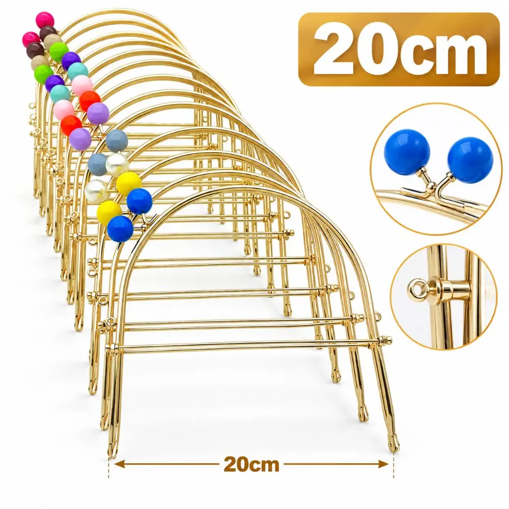 New Gold Plated Metal Bag Metal Handle Colorful Bead Head U-Shaped Frame Handbag Hardware Purse Hand Frame Cosmetic Pouch