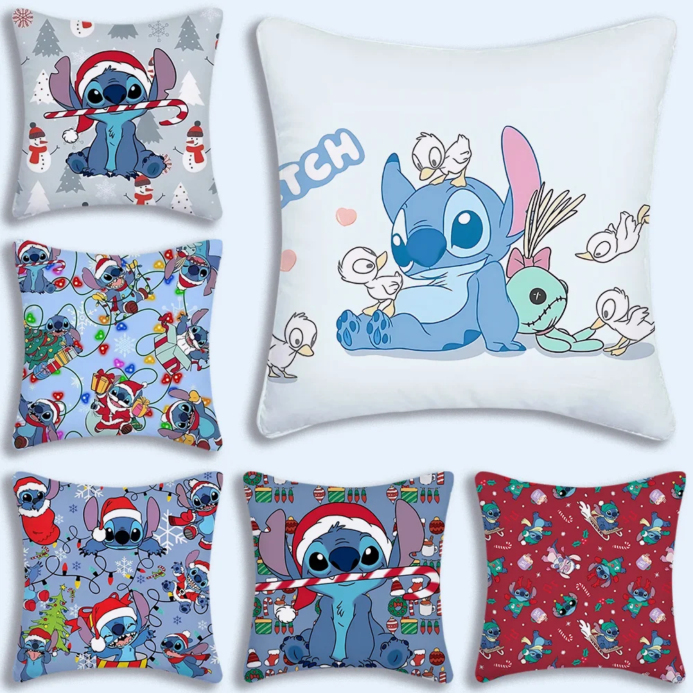 Hot Christmas Disneies Stitch Pillow Covers Cartoon Sofa Decorative Home Double-sided Printing Short Plush Cute Cushion Cover