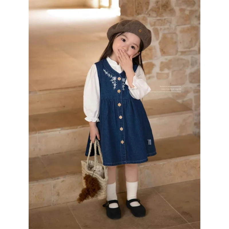 

Girls' Outfit Set Spring and Autumn New Style Baby Girl Fashionable Embroidered Denim Skirt Shirt Two-Piece Set Internet Celebri