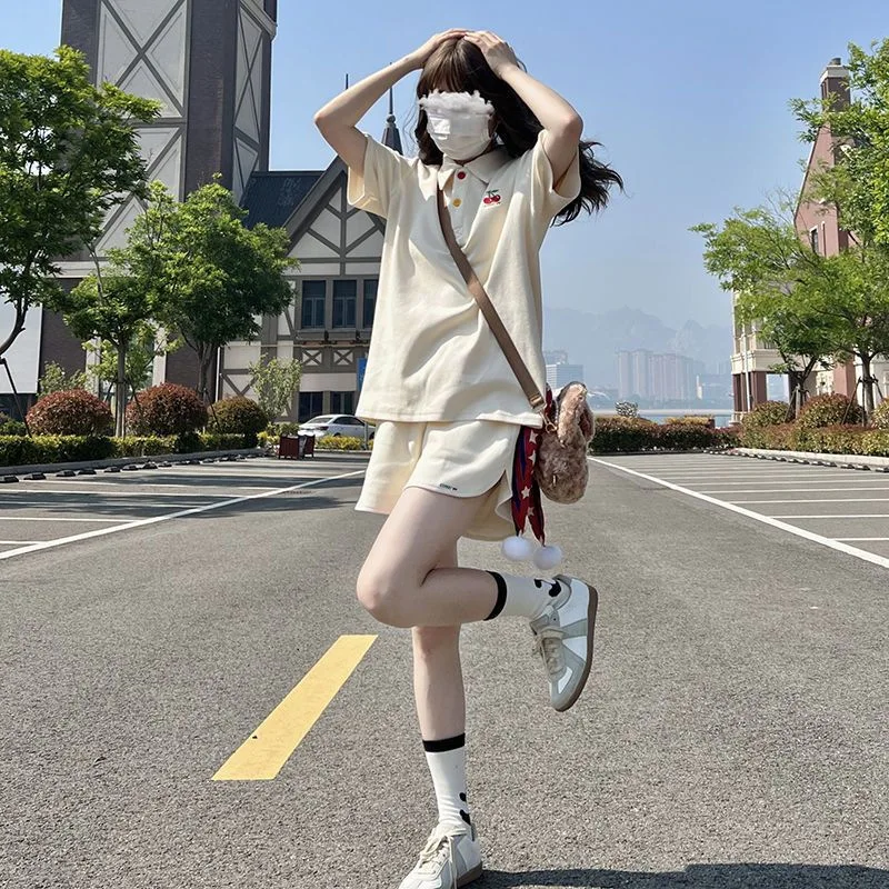 Conjunto de ropa deportiva de camisa polo para niña, pantalones cortos de manga corta sueltos informales de verano para mujer, conjunto de dos piezas