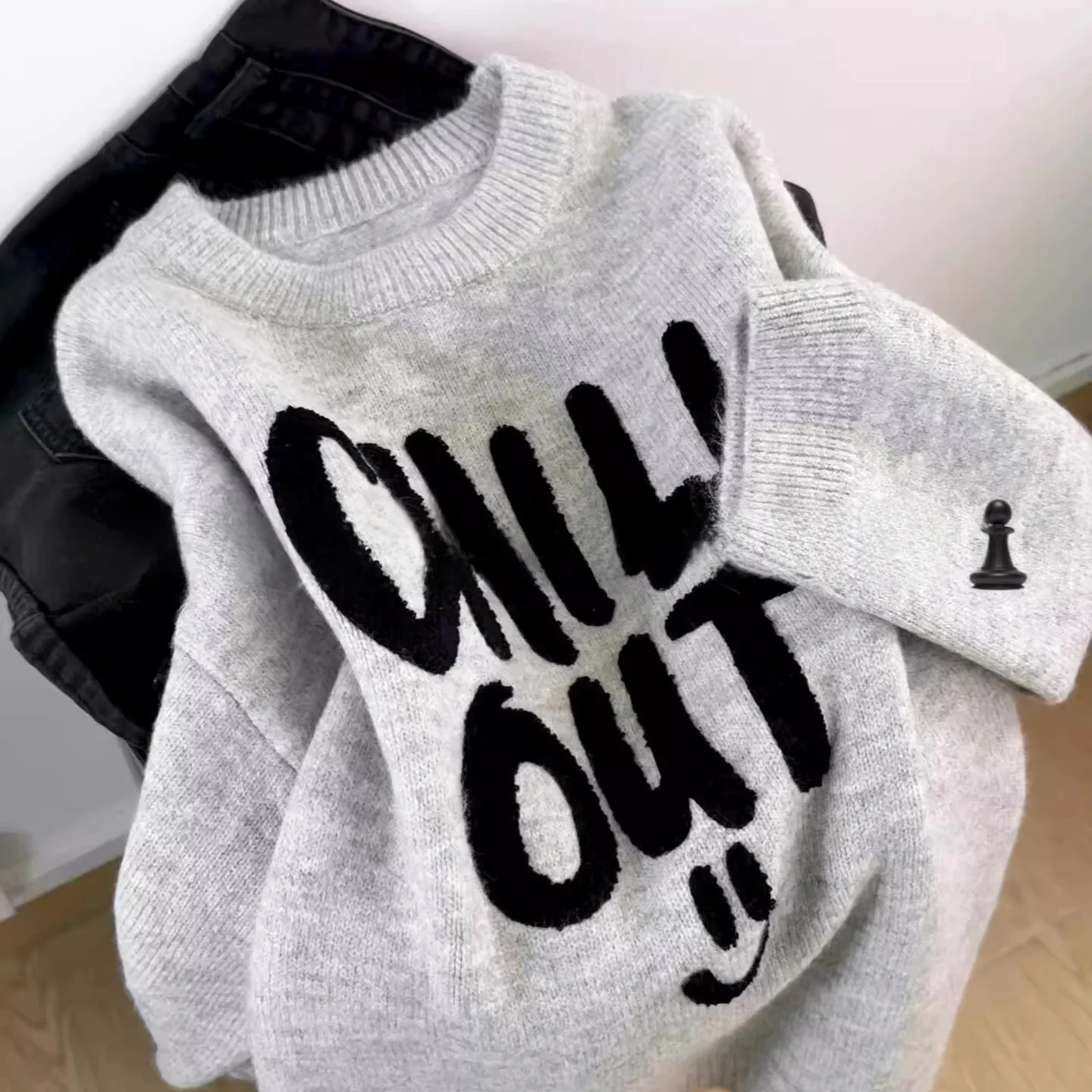 

Ladies' Oversized round Ne Knitted Sweater Letter Embroidery Lazy Sle Casual Loose Fit Fall Winter ey Versatile Top