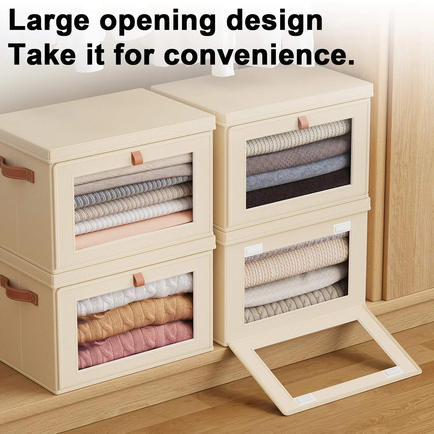 Front-opening visible clothes storage box, stackable with reinforced double handles-【1pc-black】