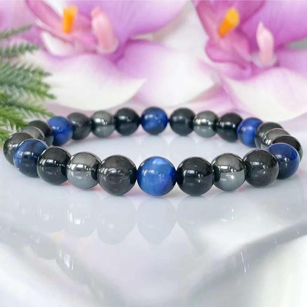 

MG1888 8 MM Russian Shungite Black Tourmaline Hematite Blue Tiger Eye Bracelet Womens Yoga Wrist Mala Jewelry