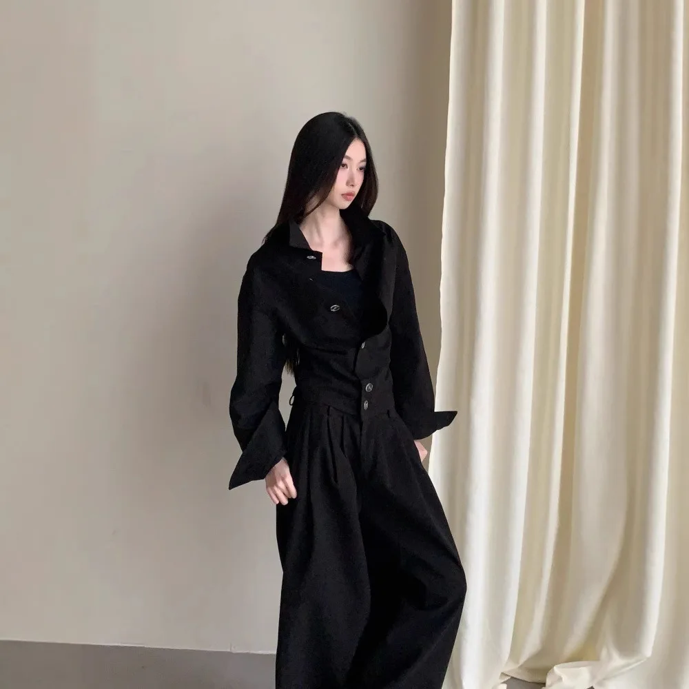 

Женские черные укороченные рубашки с воротником-поло, топы с высокой талией, плиссированные прямые широкие брюки, комплект из двух предметов, осенний корейский тренд