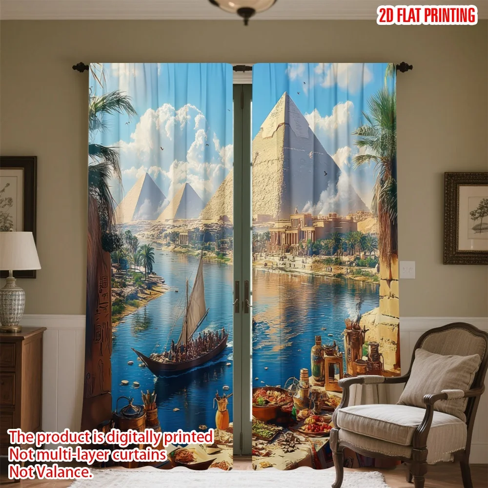 

2D flat printing 2pcs Curtain Ancient Egypt River Scene Digital Printed Polyester Drapes All Season Party & Holiday Decor for