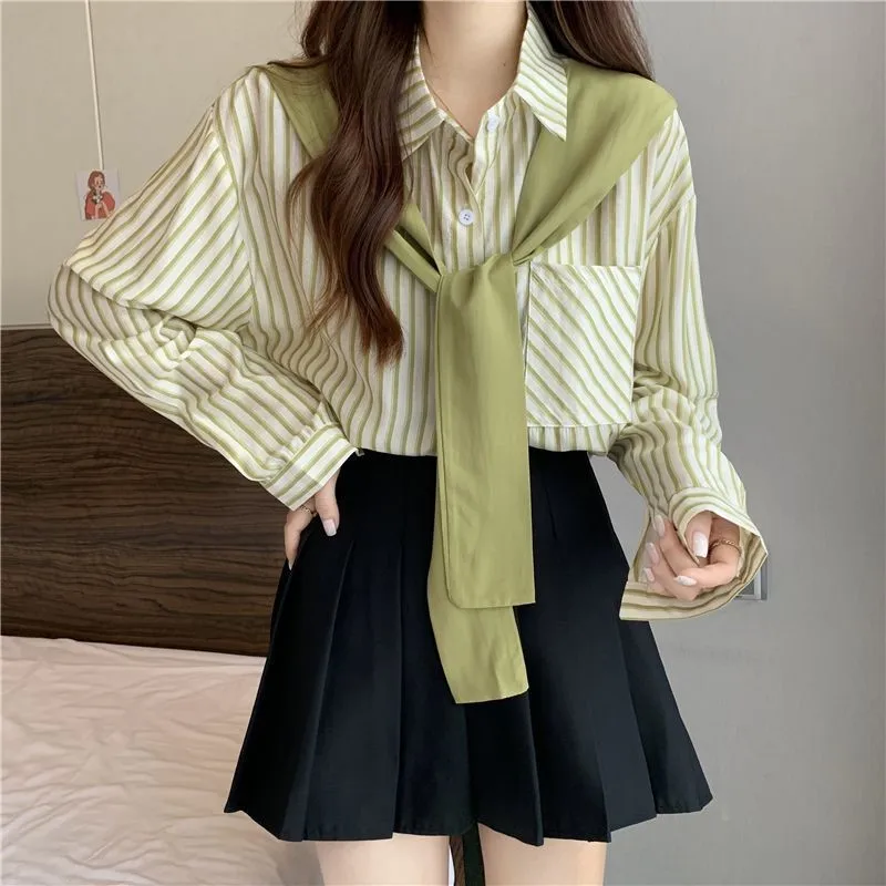 

Spring And Summer New Versatile Fake Two-piece Striped Shirt French Design Niche Loose High-end Shawl Top Women's Clothing Trend