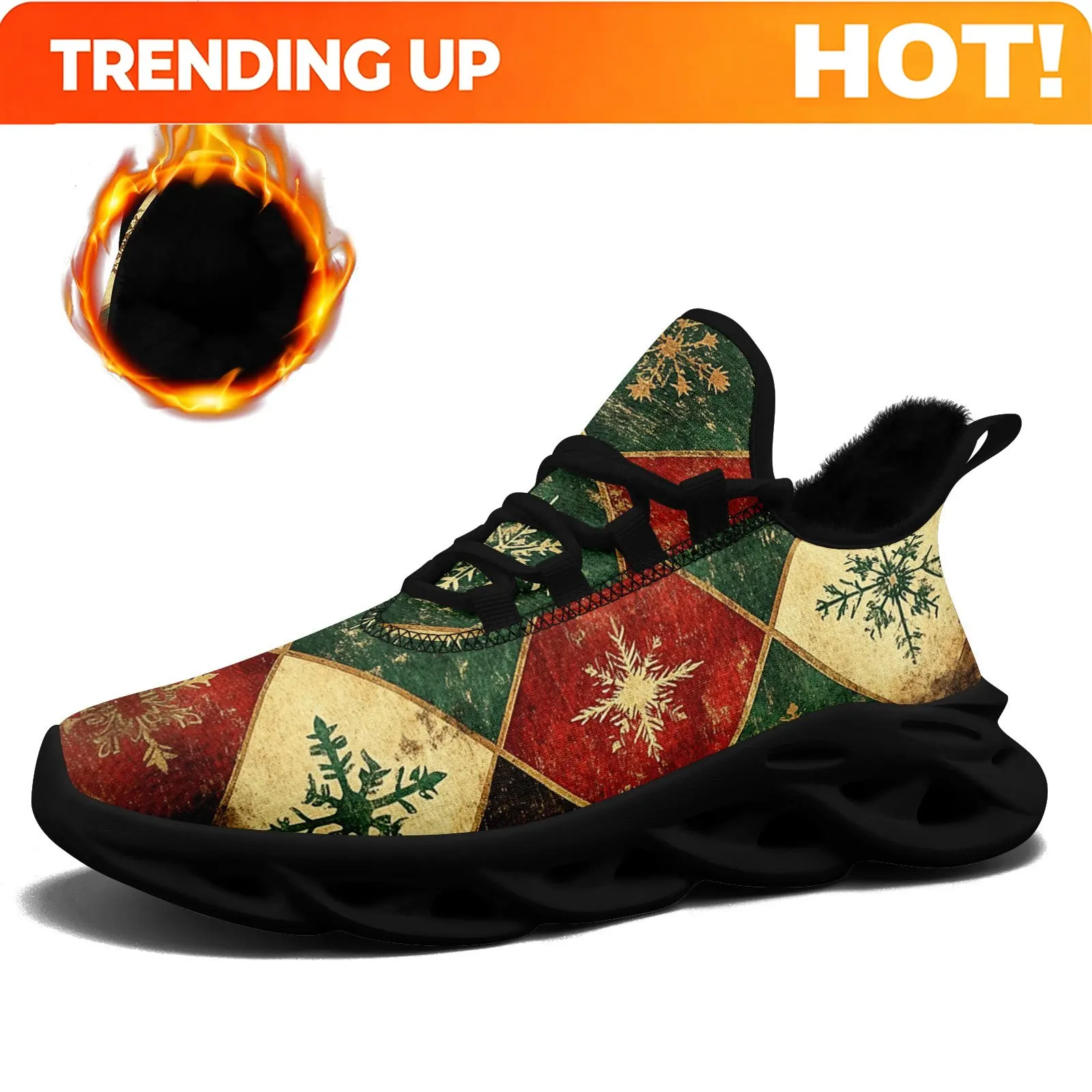 Custom Men'S Christmas Fashion Casual Sports Shoes, Trendy Warm Lined Chunky Sole Sneakers, Patchwork Snowflake Print, Stylish W