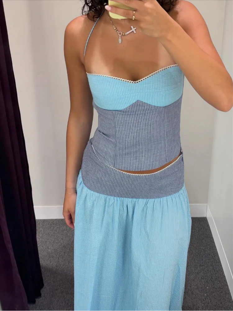Chici Women Halter Dress Set Sleeveless Cinched Waist Contrast Fitting Female Top And Long Skirt Chic Lady Vacation Summer 2026