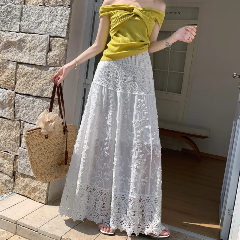 New Summer Floral Embroidery Lace Skirt Women Fashion Hollow Out High Waist White A-line Midi Skirts Casual Holidays Beach Jupe