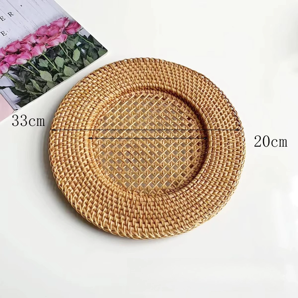 1pc/3pcs/5pcs Multi-functional Round European-style Hand-woven Rattan Tray Retro Snack Storage Tray Hollow Design Tablecloth Pad