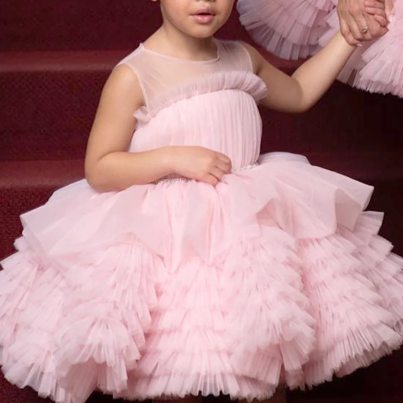 

Baby Kids Princess Tulle Tiered Crystals Flower Girl Dress Children First Communion Dress Ball Gown Wedding Party Dress Birthday