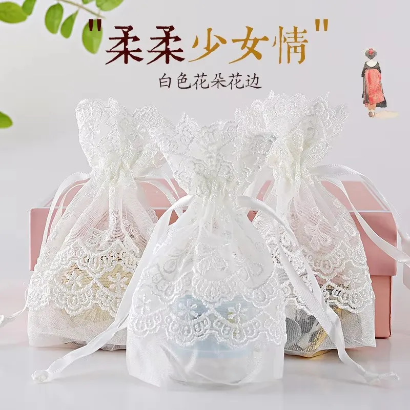 

72pcs Feather Lace White Mesh Gift Organza Drawstring Bag Small Accessories Packaging Bag for Jewelry Cotton Recyclable Package