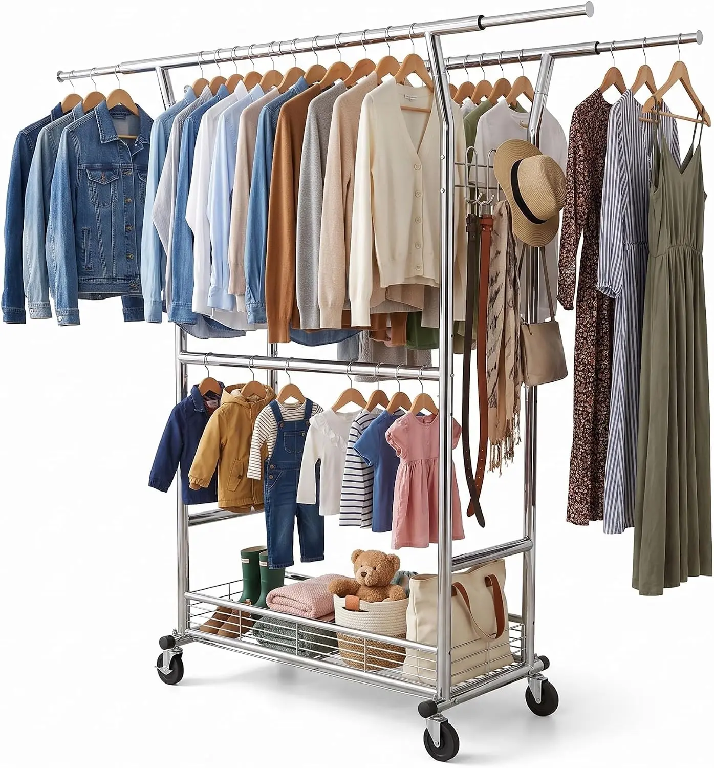 Clothes Rack, Rolling Clothing Racks for Hanging Clothes, Heavy Duty Garment Rack, Load 650 LBS, Stable & Extendable, Wardrobe R