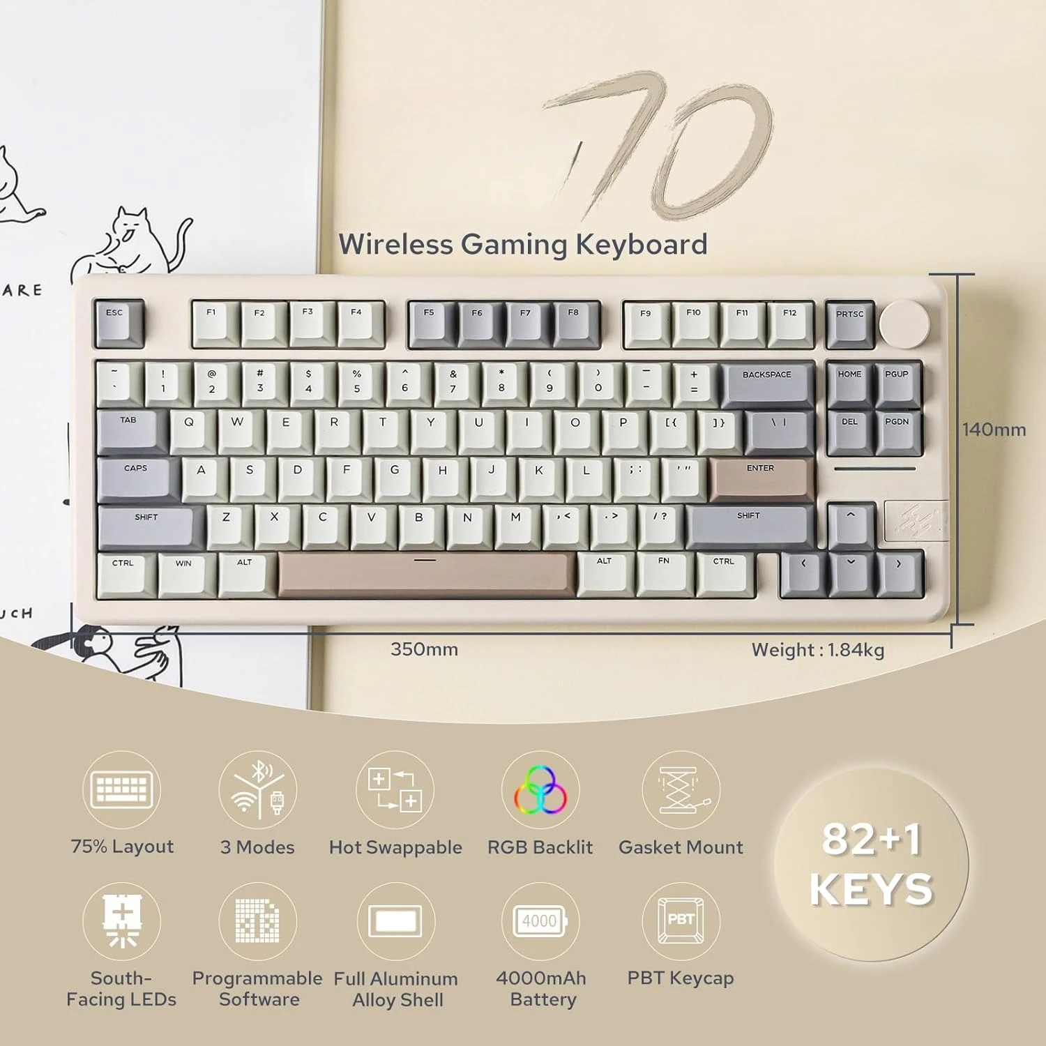 

Wireless Gaming Keyboard, 75% Aluminium Mechanical Keyboard, Bluetooth 5.0/2.4GHz/USB-C Wired, Programmable, Hot Swappable