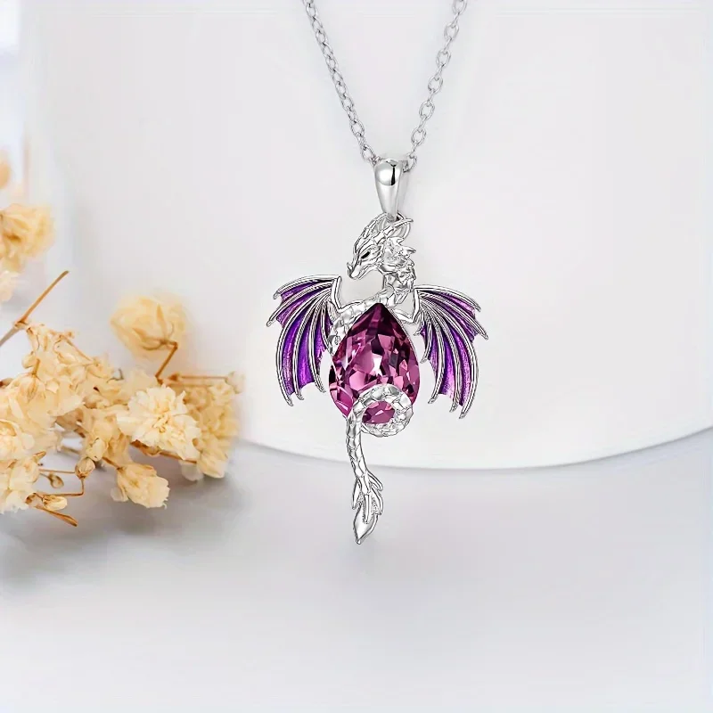 Gorgeous Flying Dragon Blue/Purple Zircon Pendant Necklace for Women Fashion Fantasy Animal Jewelry Accessories Niche Style