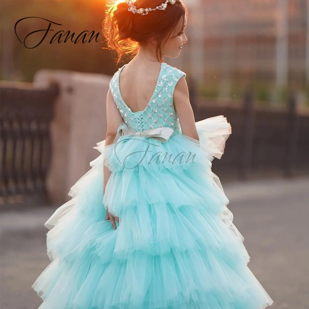 ที่กําหนดเองElegant Backless Tulle Lace Up Blingเด็กสําหรับงานแต่งงานชุดวันเกิดรอบคอดอกไม้สาวชุดV