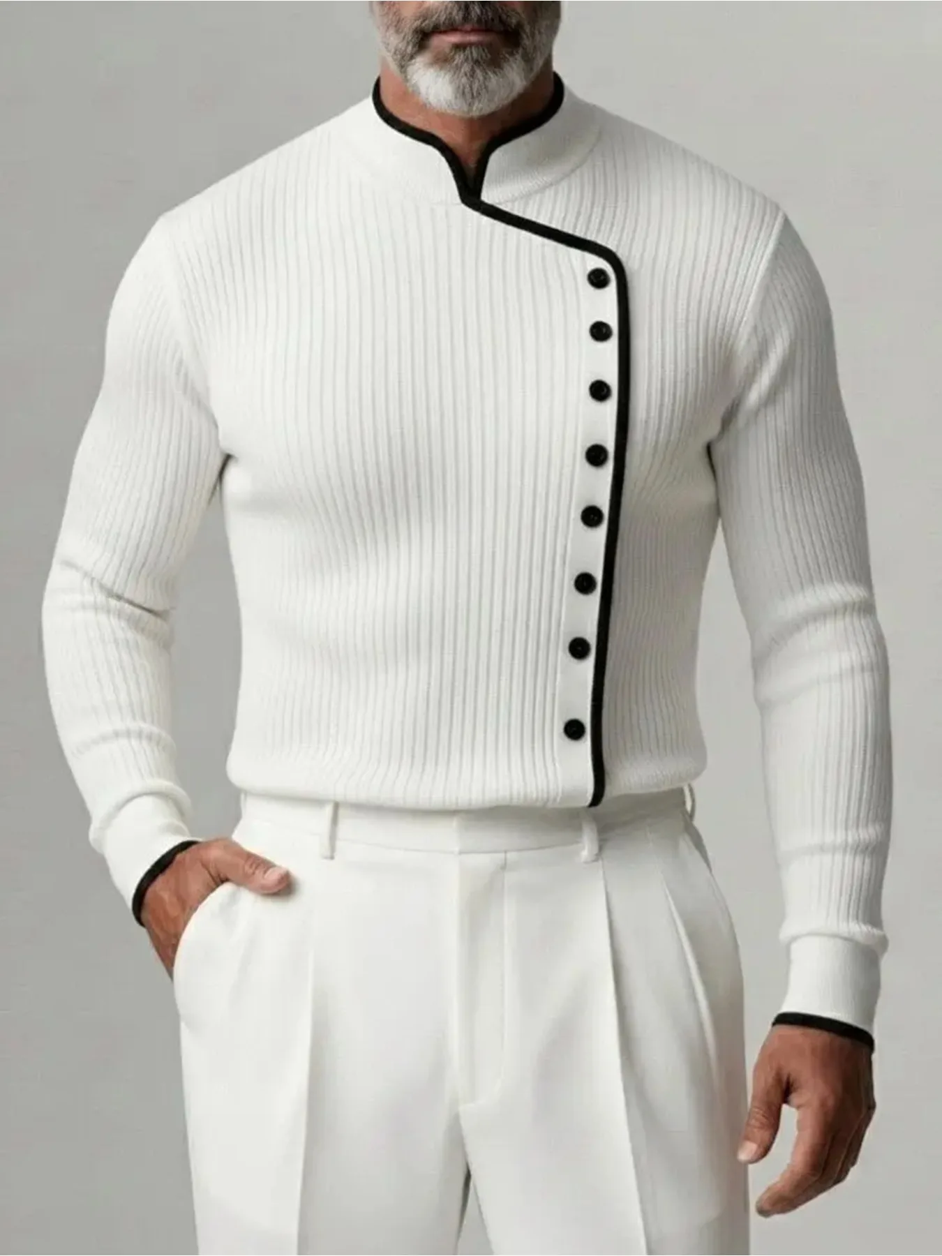Fashion Men Oblique Button Knit Top Stand Collar Contrast Trim Ribbed Long Sleeve Slim Pullover Business Party Knit Blouse