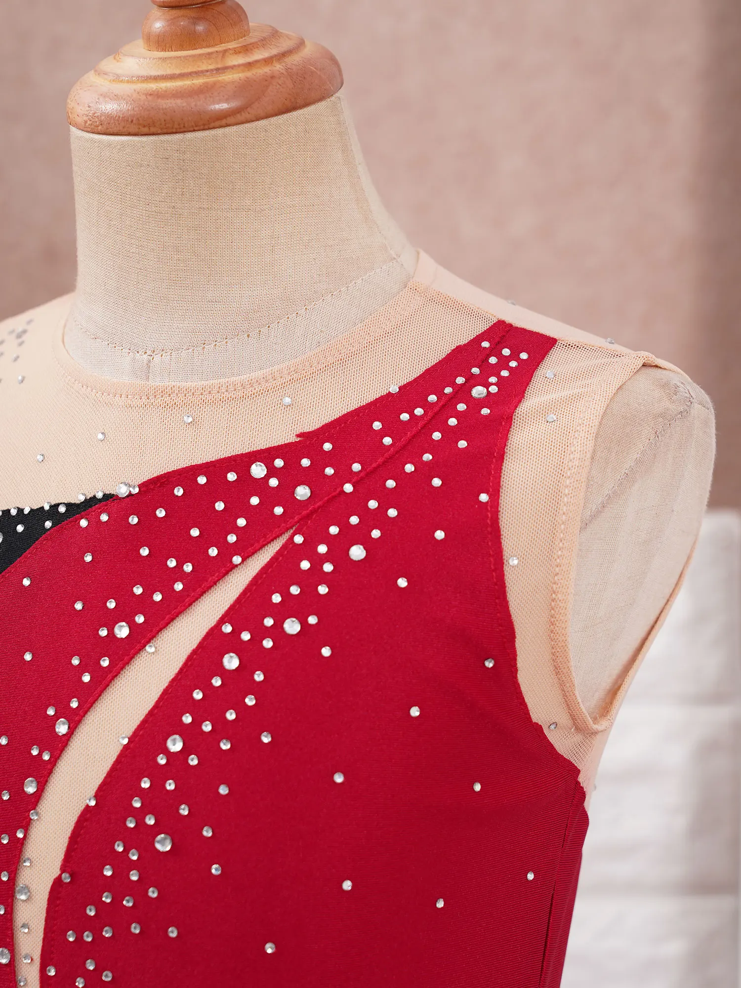 Vestido de patinaje artístico con diamantes de imitación brillantes para niñas, cuello redondo, espalda hueca, volantes, gimnasia, Ballet, Jersey, vestido de baile lírico