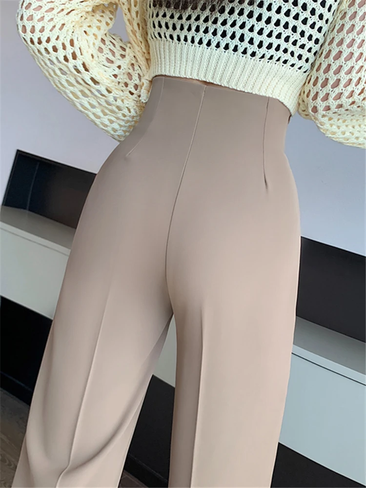 High Waist Khaki Suit Wide Leg Women\'s Full Pants Spring Summer Female Elegant Minimalism Straight Loose Trousers 2023 New