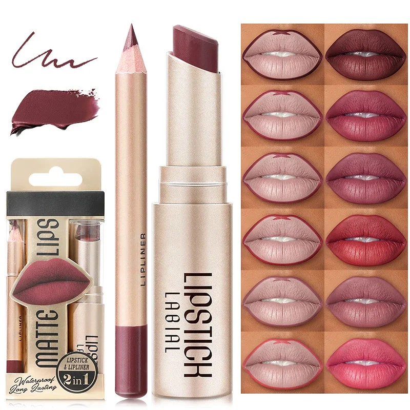 2 In 1 Lippenstift Set Matte Lippenstift & Lipliner Potlood Nude Bruine Contour Getinte Lippenbalsemset Waterdichte Duurzame Cosmetica Nieuw