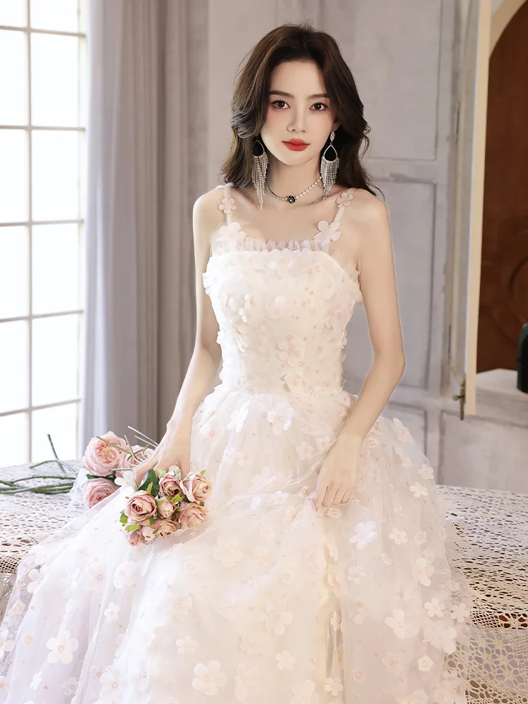 

Simple Evening Dress Women 2023 New Sleeveless A-line Banquet Prom Gown Elegant Flowers Appliques Fairy Ceremony Robe De Soiree